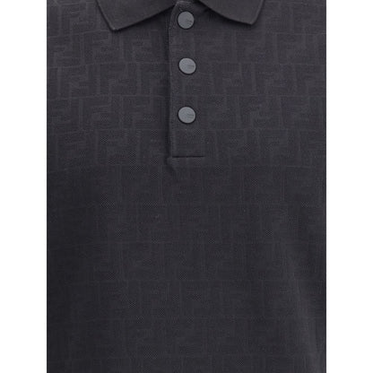 Close-up of Fendi Black Cotton Polo Shirt with ribbed collar and FF jacquard print for a sophisticated look.