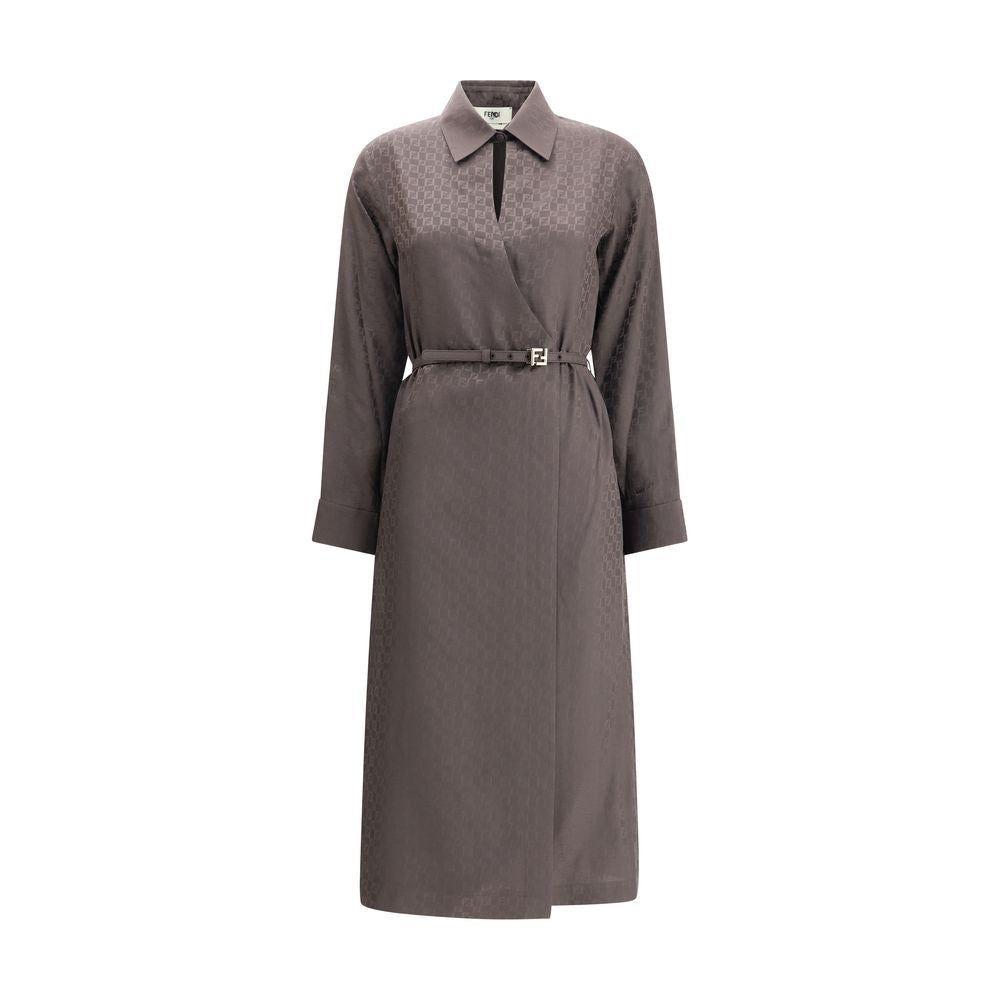 Fendi Brown Silk Casual Dress with jacquard FF pattern, shirt collar, and asymmetrical crisscross closure.