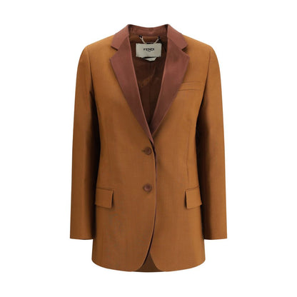 Fendi Brown Wool Blazer with satin lapels, single-breasted design, breast pocket, and front flap pockets. Ideal for a timeless look.