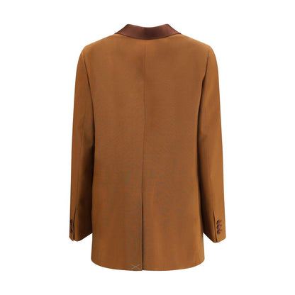 Fendi Brown Wool Blazer with satin lapels, back view highlighting tailored fit and decorative sleeve buttons, perfect for AW25 season fashion.