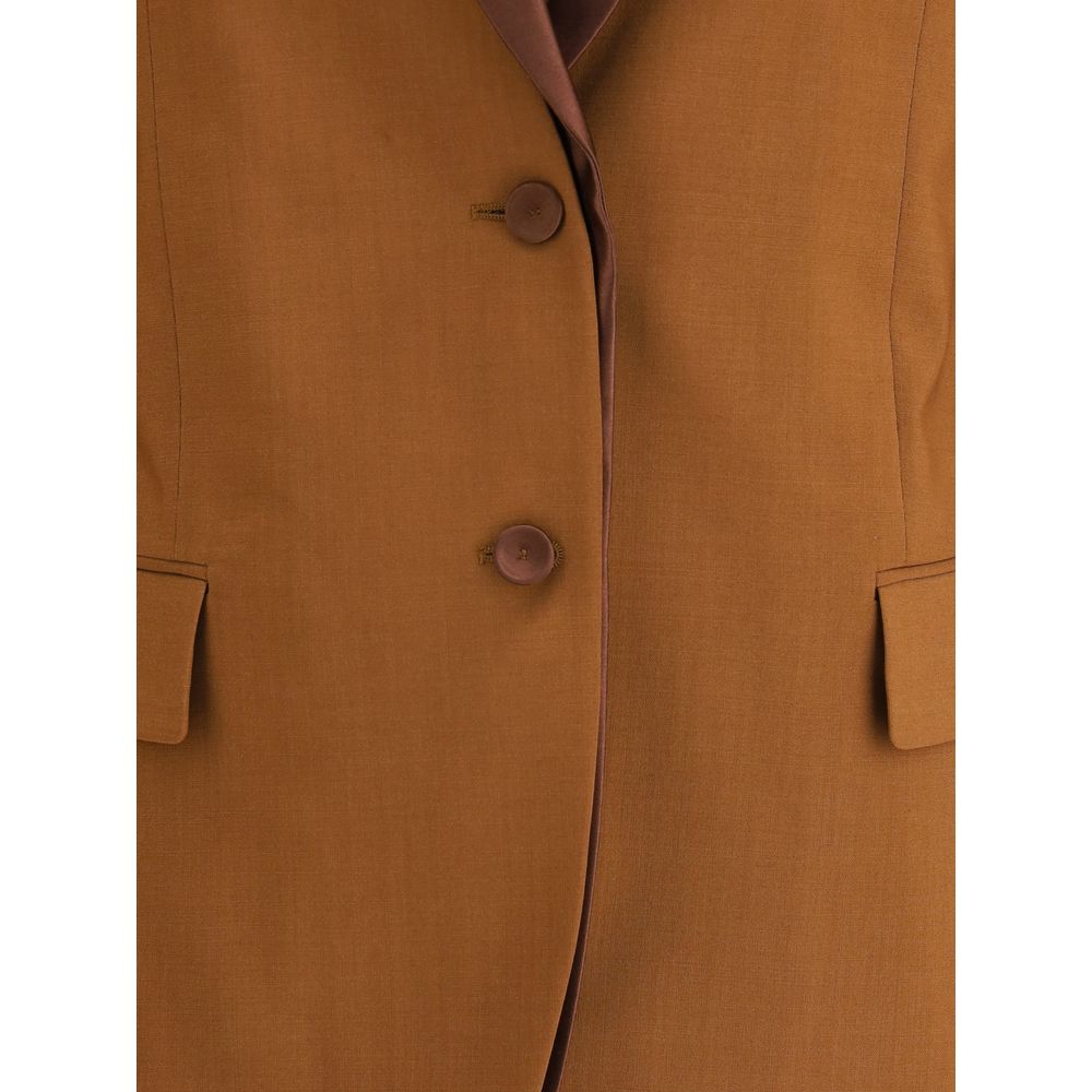 Detail view of Fendi Brown Wool Blazer with satin lapels, single-breasted button closure, and front flap pockets.