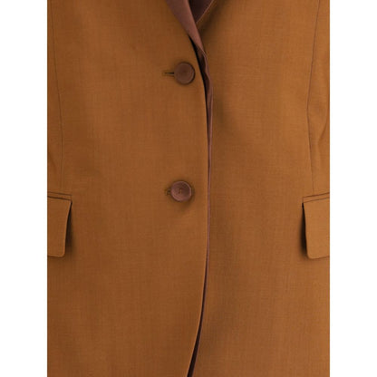 Detail view of Fendi Brown Wool Blazer with satin lapels, single-breasted button closure, and front flap pockets.