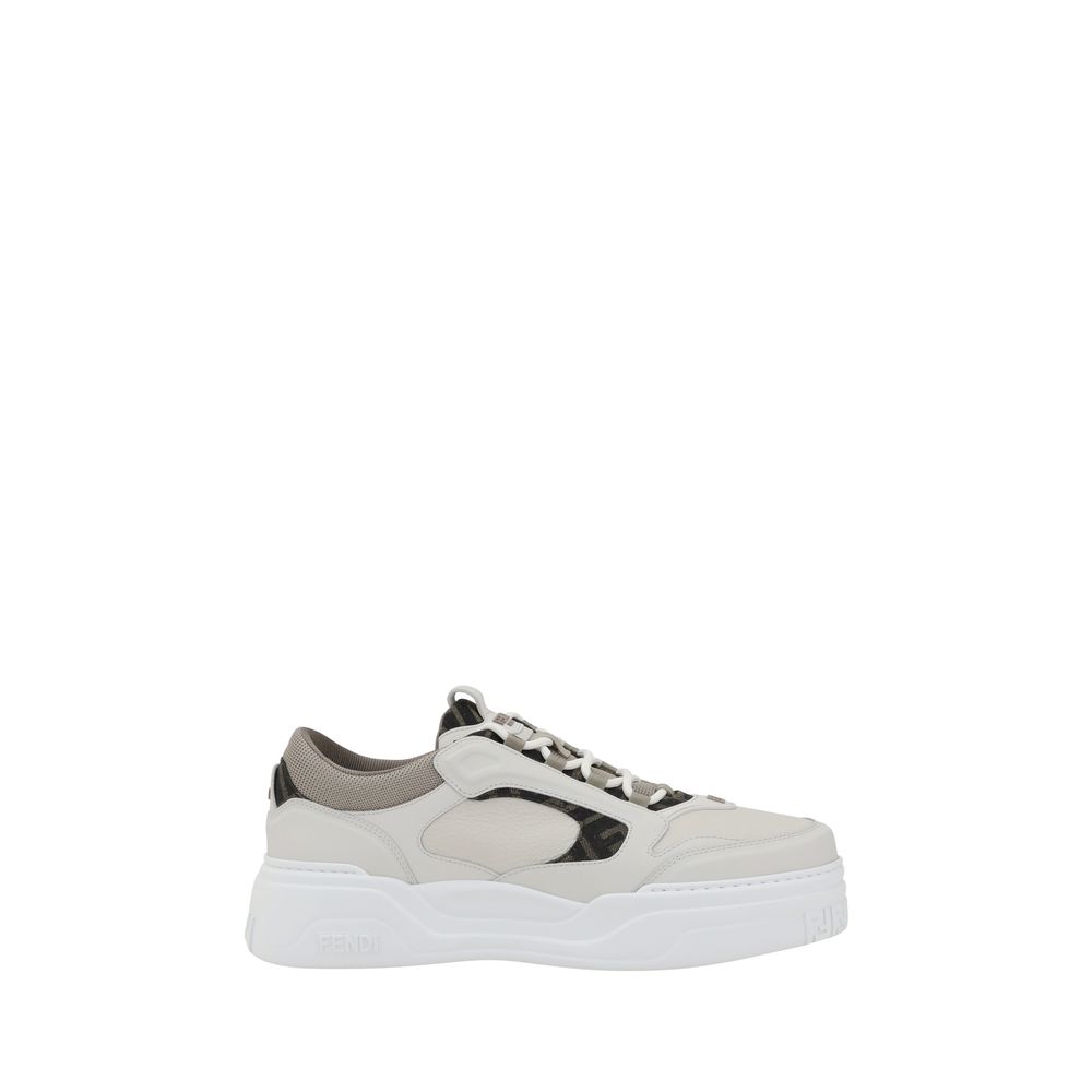 Fendi White Calf Leather Bos Taurus Low Top Sneakers with paneled design and textured sole for comfort.