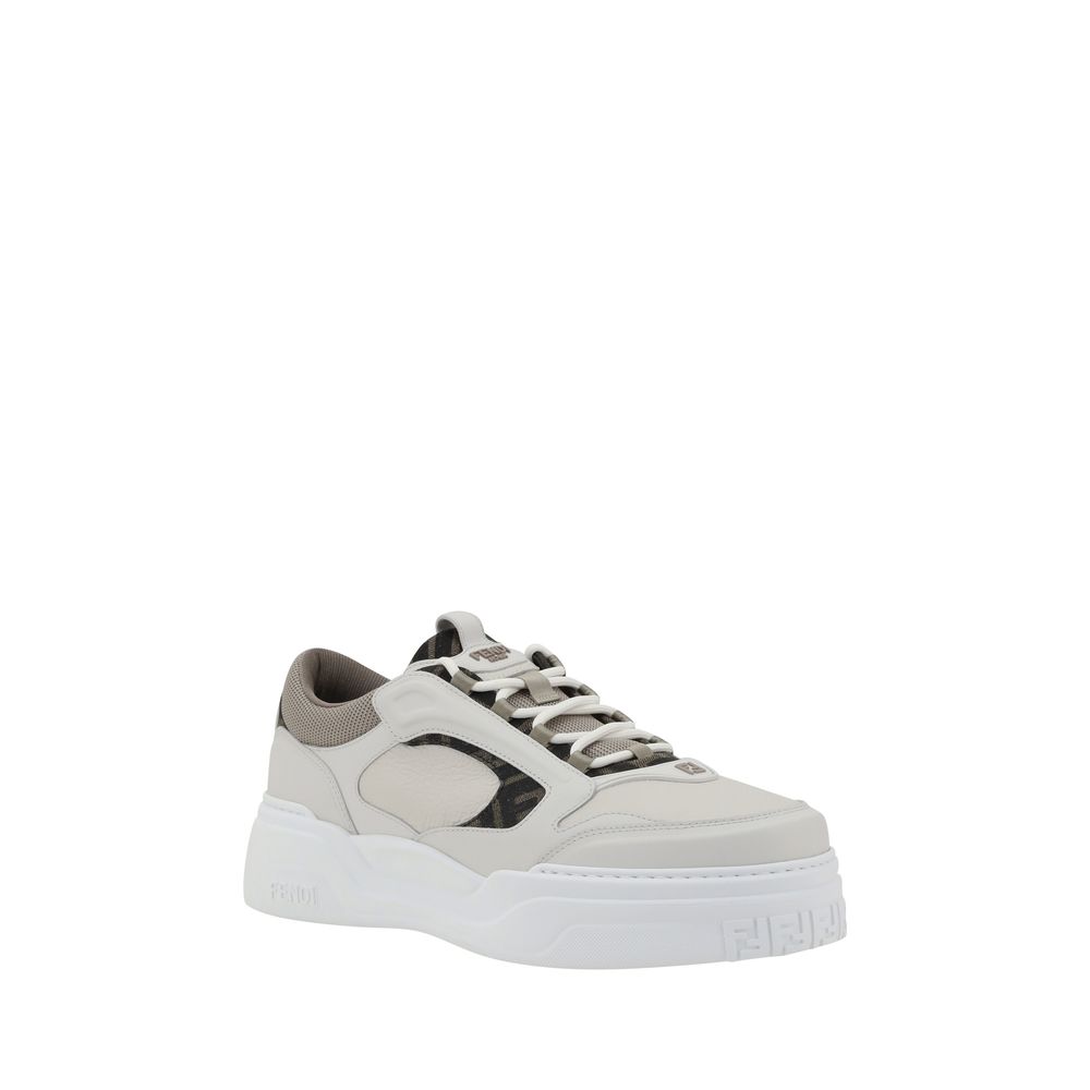 Fendi White Calf Leather Bos Taurus Low Top Sneakers with paneled design and textured sole for a sophisticated urban style.