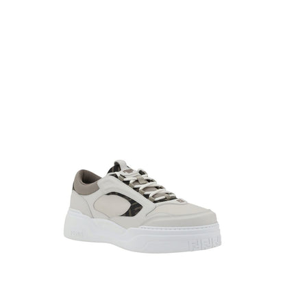 Fendi White Calf Leather Bos Taurus Low Top Sneakers with paneled design and textured sole for a sophisticated urban style.