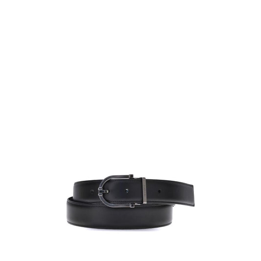 Ferragamo Black Calf Leather Bos Taurus Belt with geometric buckle and reversible design.