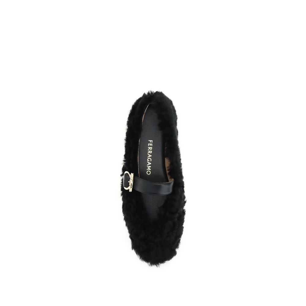 Ferragamo Black Fur Ballet Flats with Gancini buckle, top view.