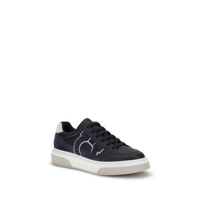Ferragamo Blue Calf Leather Bos Taurus Low Top Sneakers with retro design, suede inserts, Gancini silhouette, rubber sole.