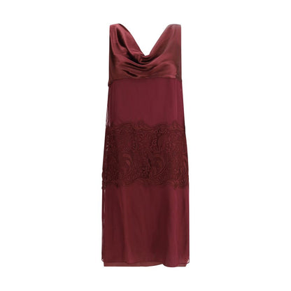 Ferragamo Bordeaux Silk Cocktail Dress with draped neckline and elegant embroidery, showcasing 1920s inspired sophistication in satin and chiffon.