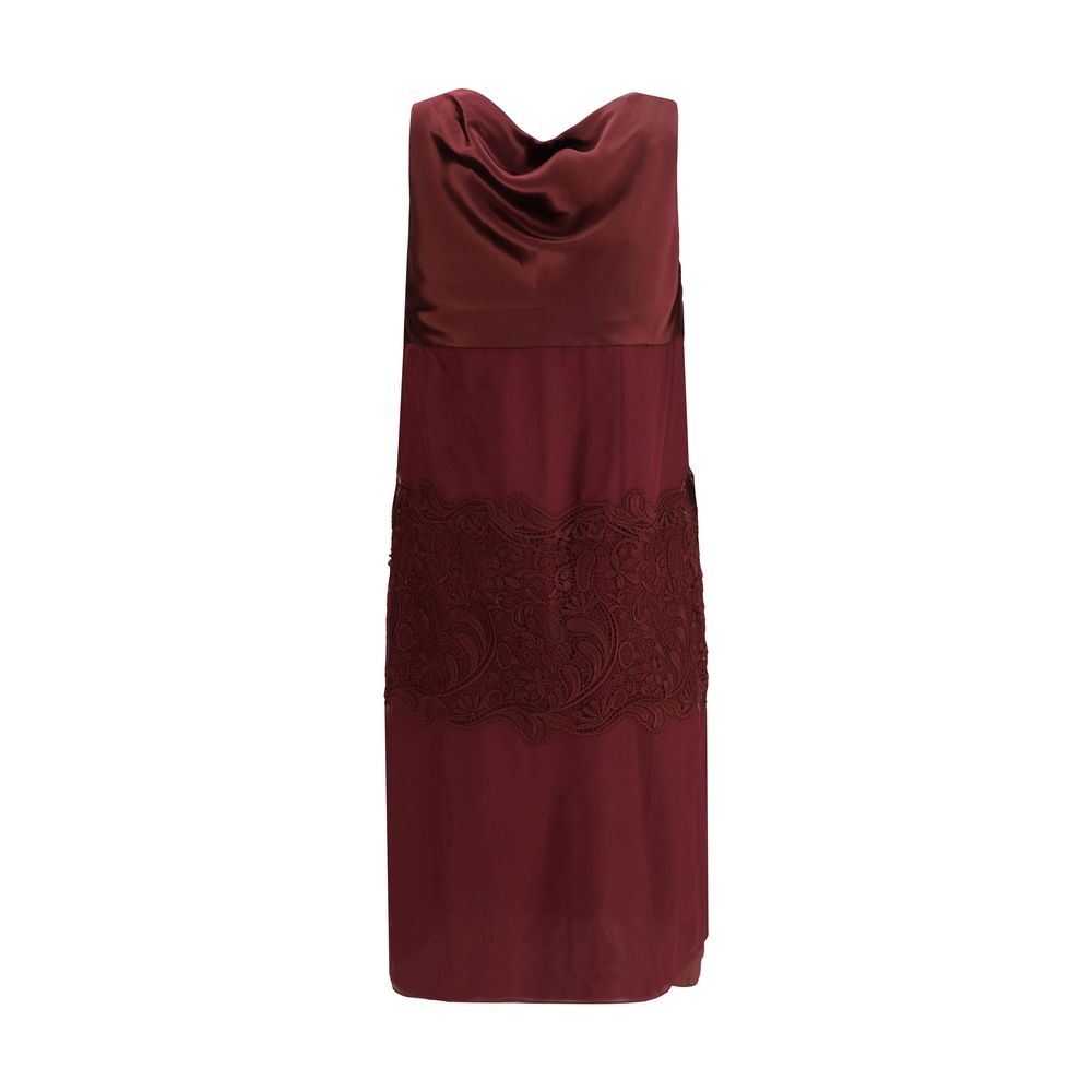 Ferragamo Bordeaux Silk Cocktail Dress with draped neckline and elegant embroidery