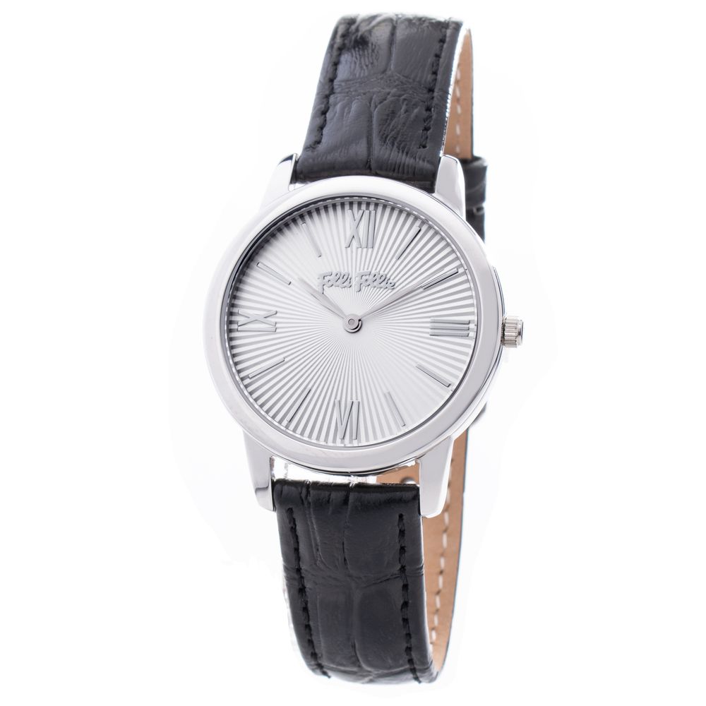Folli Follie Black Leather Dress Watch with silver stainless steel case, white dial, and black leather strap, analog quartz mechanism.