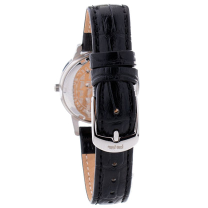 Folli Follie Black Leather Dress Watch with silver stainless steel case, black leather bracelet, and white analog quartz dial.