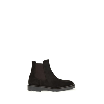 Fratelli Rossetti Black Calf Leather Bos Taurus Chelsea Boots with suede design and lugged sole, AW25 season, round toe, elastic sides.