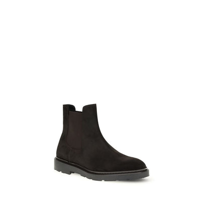 Fratelli Rossetti Black Calf Leather Bos Taurus Chelsea Boots with suede design, round toe, elastic bands, and lugged sole.