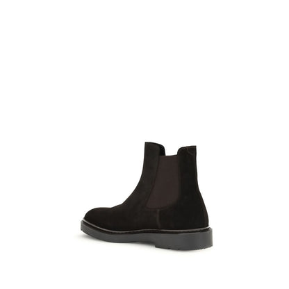 Fratelli Rossetti Black Calf Leather Bos Taurus Chelsea Boots with suede design, round toe, elastic sides, lugged sole. Season AW25.