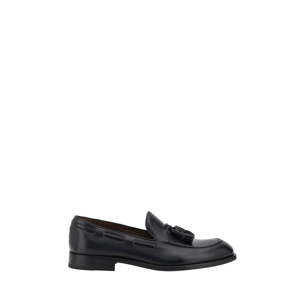 Fratelli Rossetti Black Calf Leather Bos Taurus Slip-On Loafers with tassels and almond toe, featuring logoed insole for authenticity.