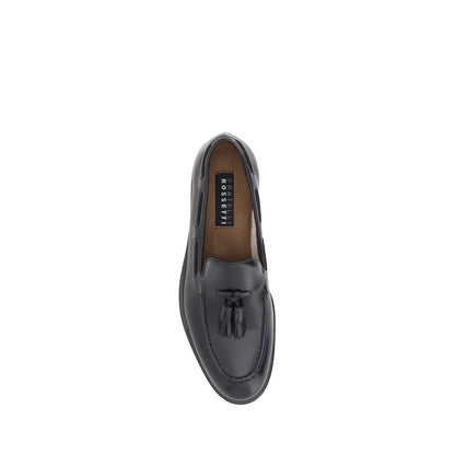 Fratelli Rossetti Black Calf Leather Bos Taurus Slip-On Loafers with tassels and logoed insole, elegant almond toe design.