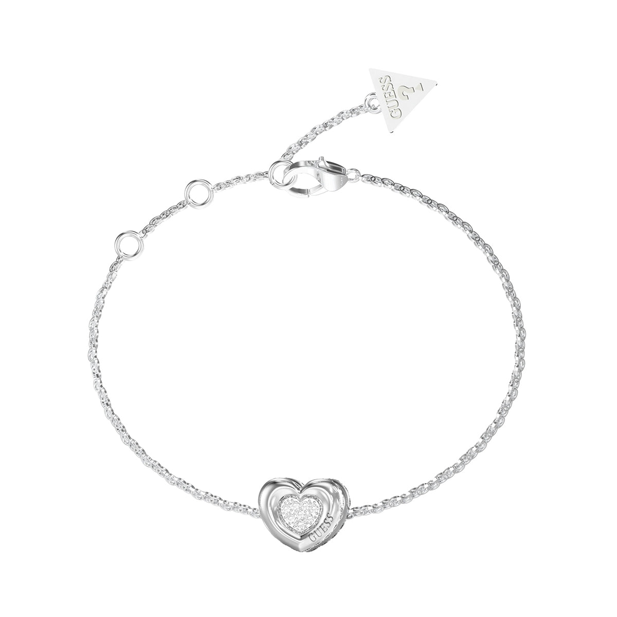 Silver heart bracelet from GUESS JEWELS JEWELRY Mod. JUBB05461JWRHS with triangle charm.