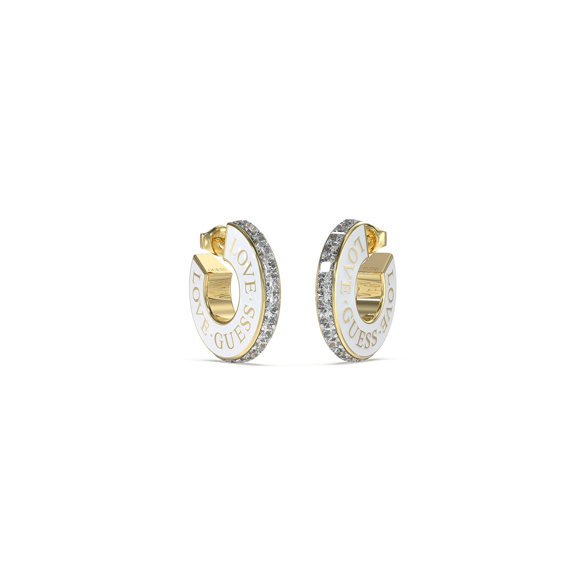 Alt Tag: GUESS JEWELS JEWELRY Mod. JUBE04083JWYGWHT-U elegant hoop earrings featuring gold and silver accents.