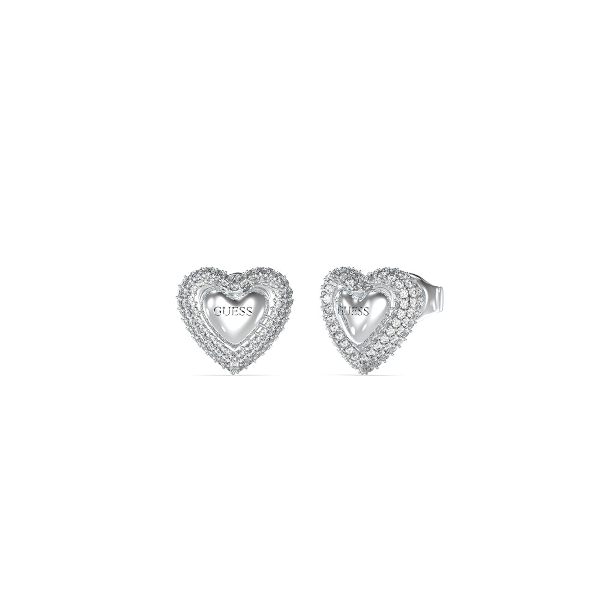 GUESS JEWELS JEWELRY Mod. JUBE05020JWRHT-U heart-shaped earrings with intricate design in silver finish.