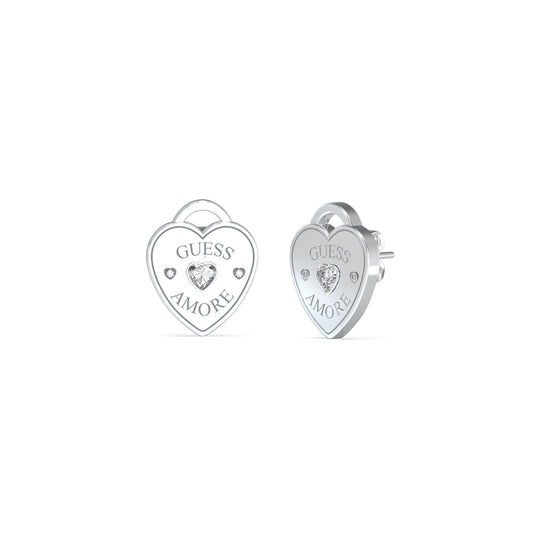 Heart-shaped earrings with 'GUESS' and 'AMORE' engravings, featuring a small crystal in the center.