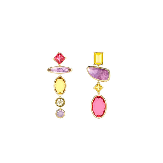 Colorful gemstone earrings displayed on a white background.