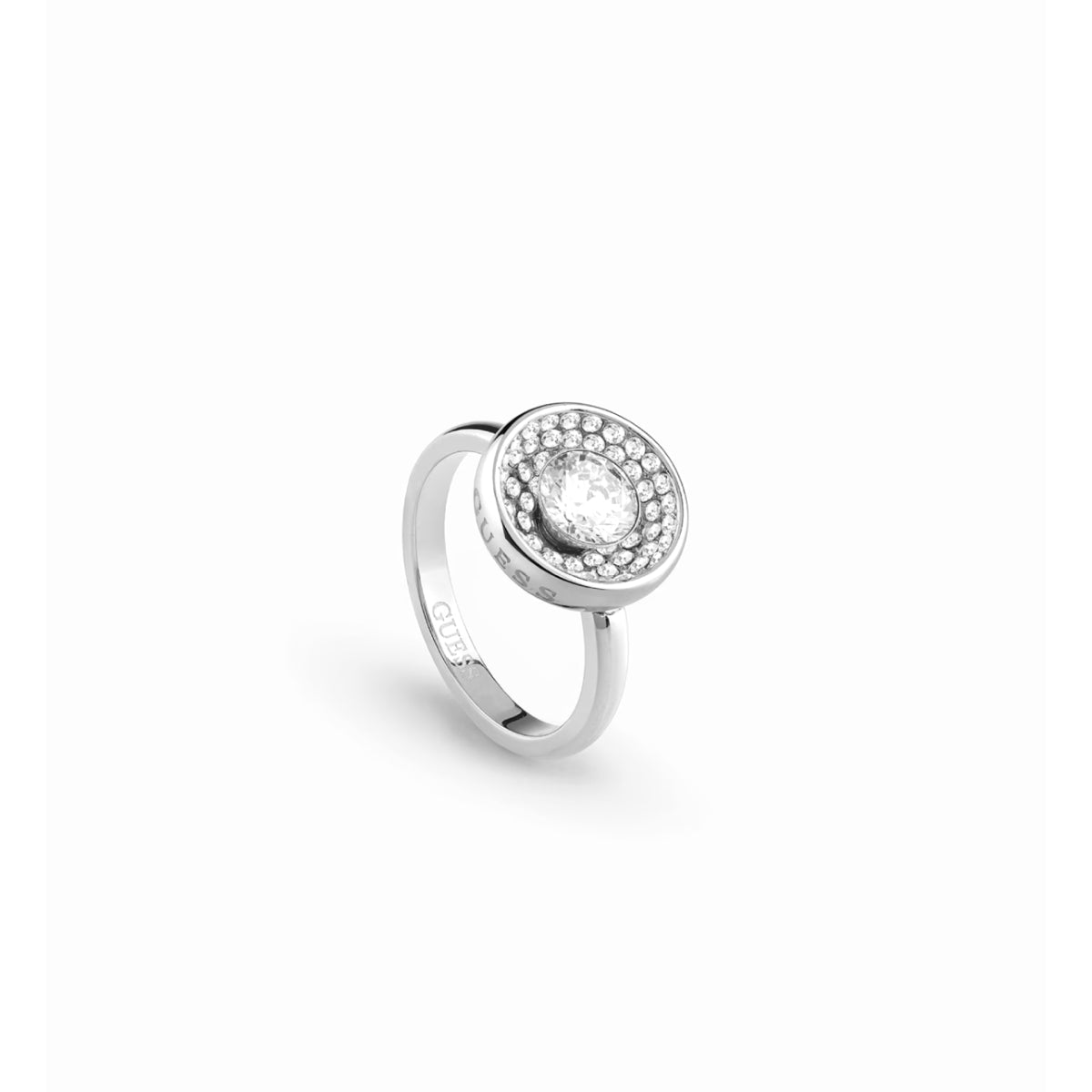 GUESS JEWELS JEWELRY Mod. JUBR03397JWRH54 silver ring with circular gemstone and crystal accents