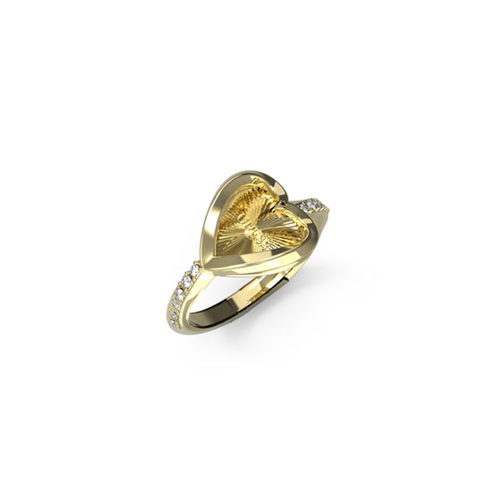 Gold heart-shaped ring from GUESS JEWELS JEWELRY Mod. JUBR04614JWYG56 with intricate design and sparkling accents.
