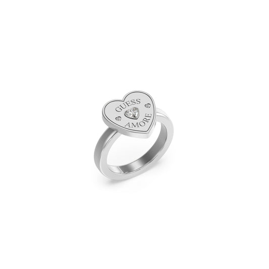 GUESS JEWELS JEWELRY Mod. JUBR05059JWRH54 heart-shaped ring with 'Guess Amore' engraving and crystal accent
