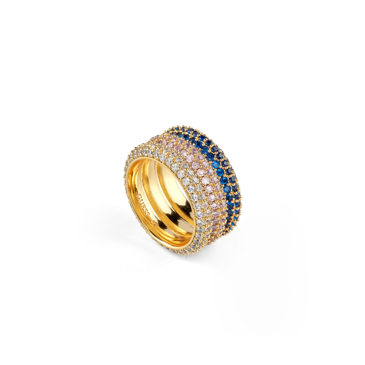 Alt Tag: Stylish ring from GUESS JEWELS JEWELRY Mod. JUBR05140JWYGBL52, featuring gold and blue stones for a luxurious look.