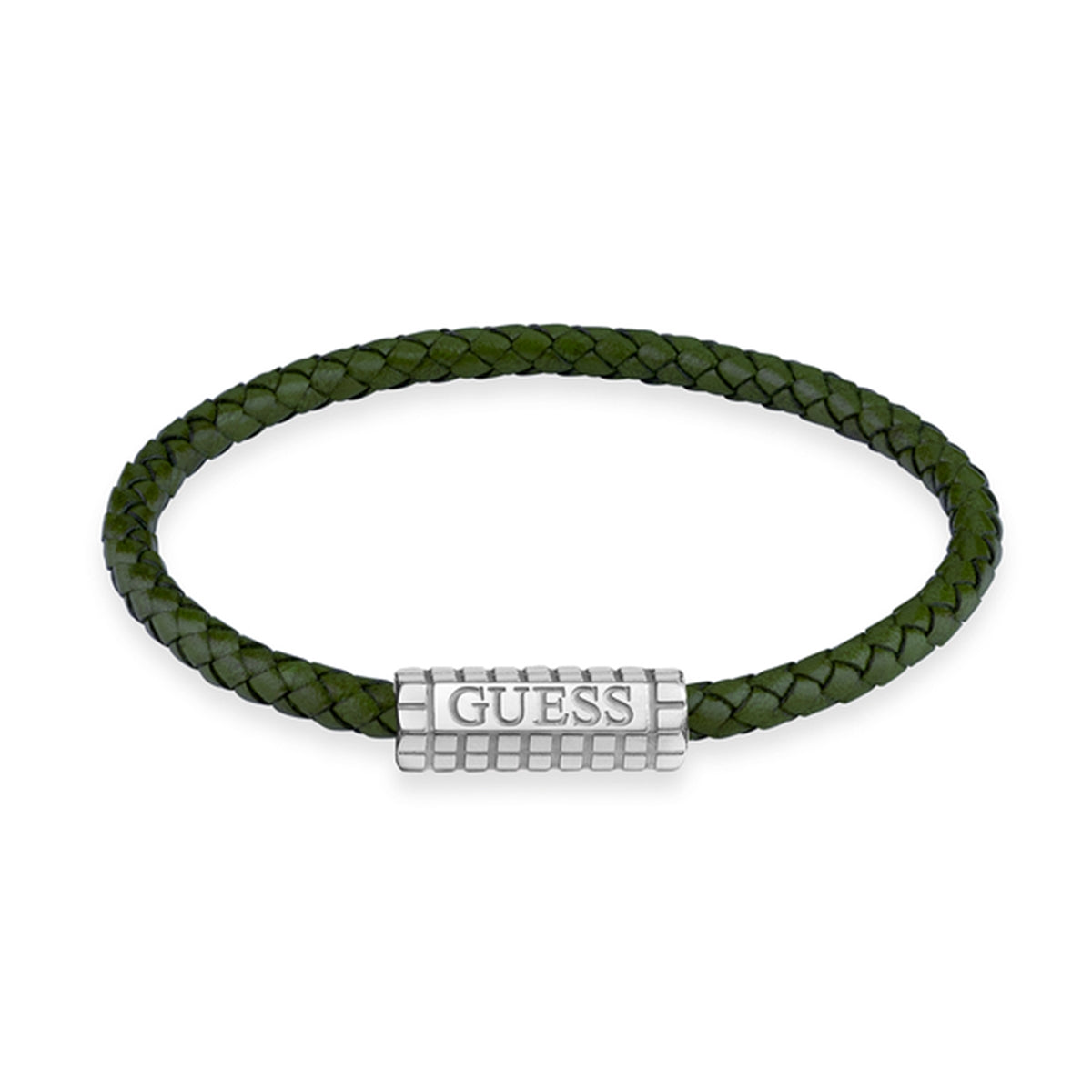 GUESS JEWELS JEWELRY Mod. JUMB05035JWSTDGS green braided bracelet with silver clasp