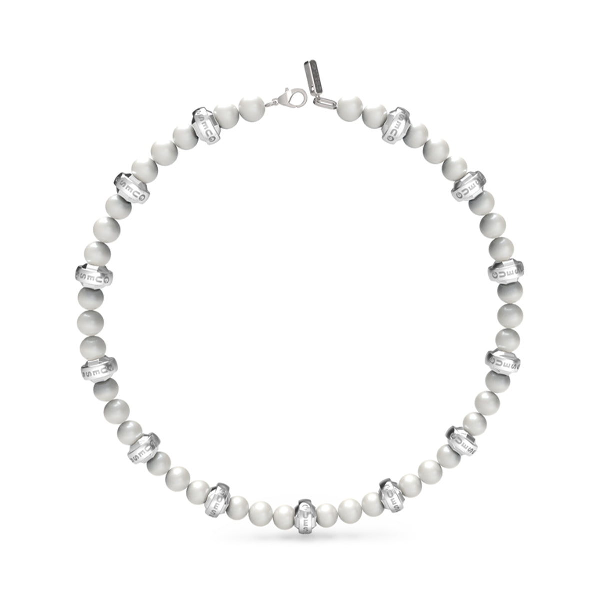 GUESS JEWELS JEWELRY Mod. JUMN04068JWSTWIT-U white beaded necklace with silver accents on display.