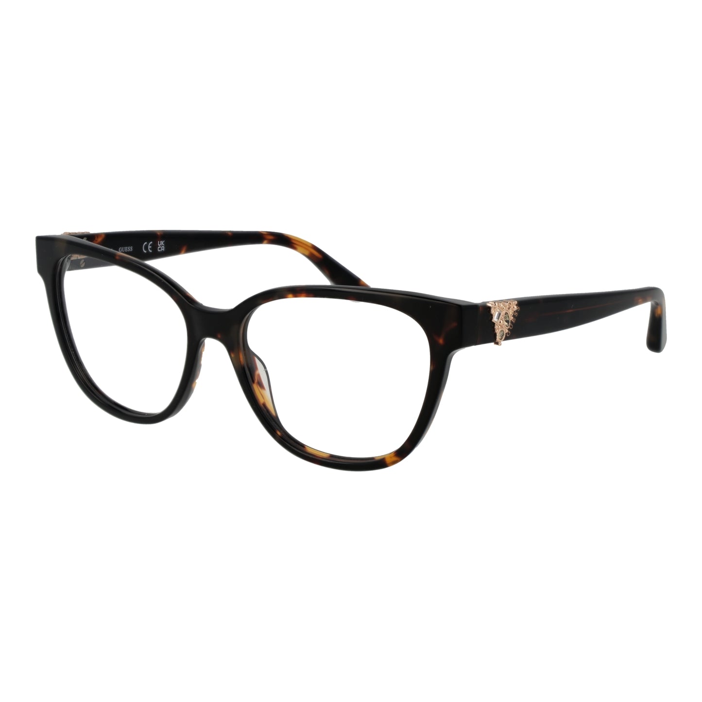 Tortoise shell eyeglasses for women, GUESS MOD. GU2855-S 54052, fashionable frames with gold accent detailing on temples.