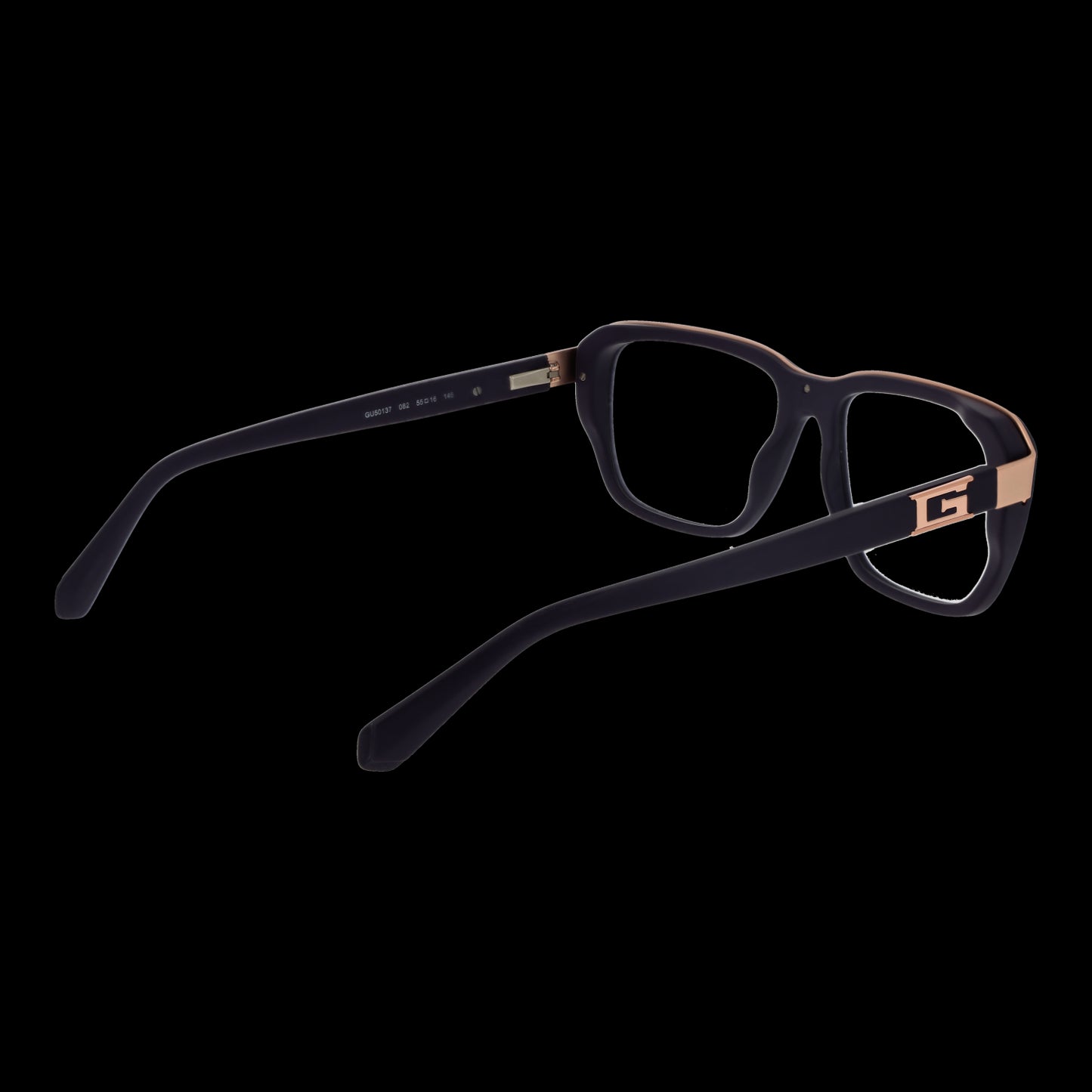 GUESS MOD. GU50137 55082 stylish gent eyeglasses in black with gold accents, showcasing modern design and elegance.