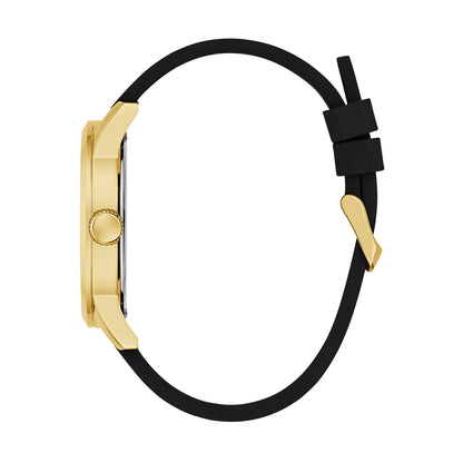 GUESS Mod. BADGE side view, gold case with black strap watch