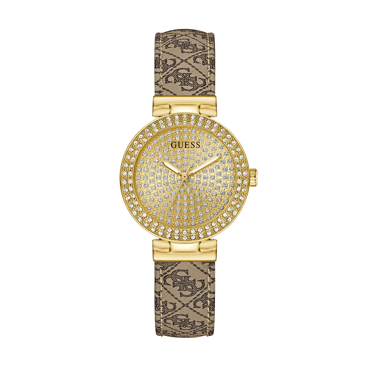 Elegant GUESS Mod. IVY 32 gold watch with crystals and monogram strap, showcasing luxury and style.