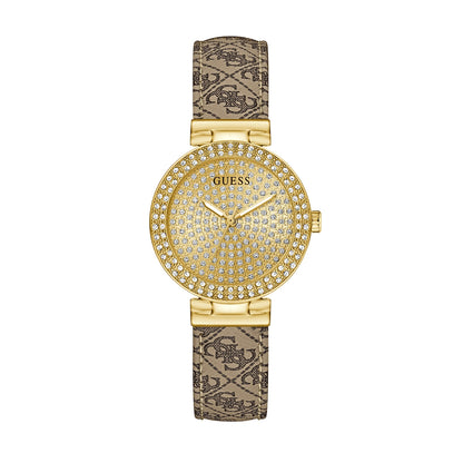 Elegant GUESS Mod. IVY 32 gold watch with crystals and monogram strap, showcasing luxury and style.