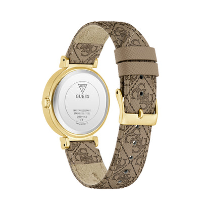 Back view of GUESS Mod. IVY 32 watch with patterned leather strap and gold-tone case.