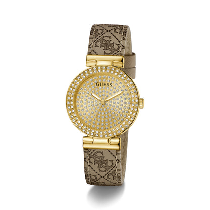Alt Tag: Stylish GUESS Mod. IVY 32 watch with gold-tone case and logo-embossed strap, elegant design perfect for fashion enthusiasts.