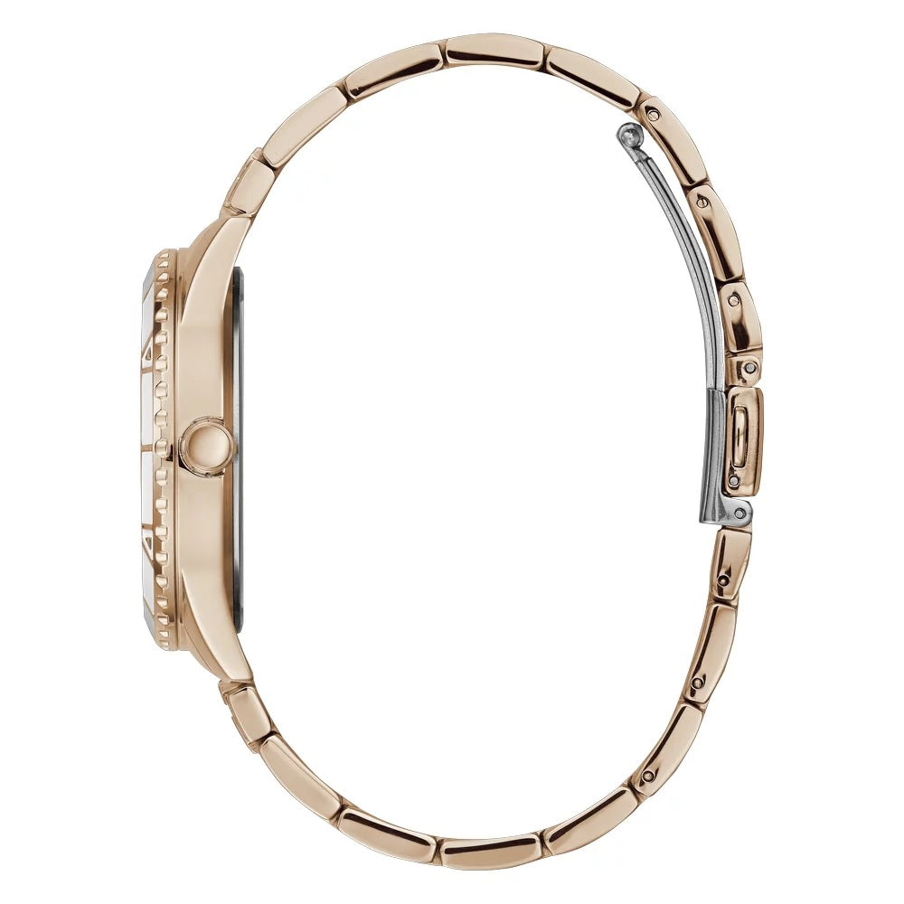 Side view of GUESS Mod. W1158L2 watch with silver 925° material, quartz analog movement, and 3 ATM water resistance.