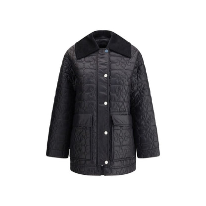 Ganni Gray Nylon Coat with corduroy collar, zipper and snap closure, and front patch pockets, perfect for winter style and warmth.