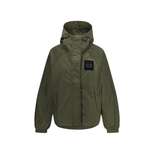Ganni Green Nylon Shell Jacket with hood, front zipper closure, side pockets, and GANNI logo patch for AW25 season.