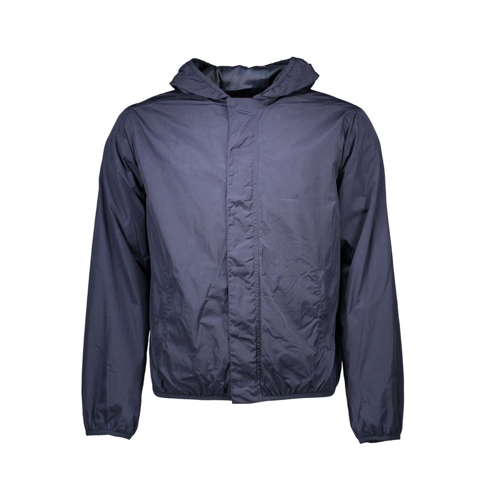 Gant Blue Nylon Men's Jacket with hood, featuring sleek design, automatic and zip closure, and multiple pockets for essentials.