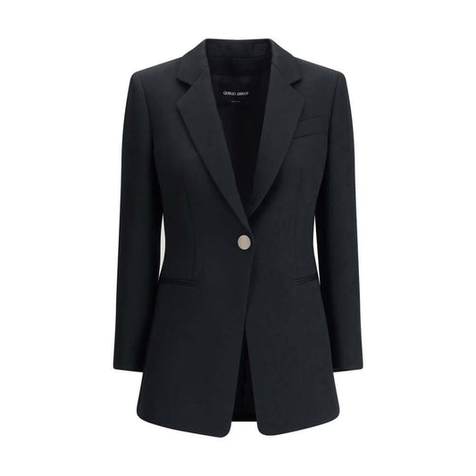 Giorgio Armani Black Polyester Blazer with single-breasted design, notched lapels, and single-button front, perfect for formal occasions.