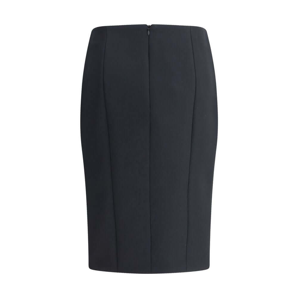 Giorgio Armani Black Recycled Polyester Midi Skirt with clean lines, back zip closure, and side pockets, perfect for versatile occasions.