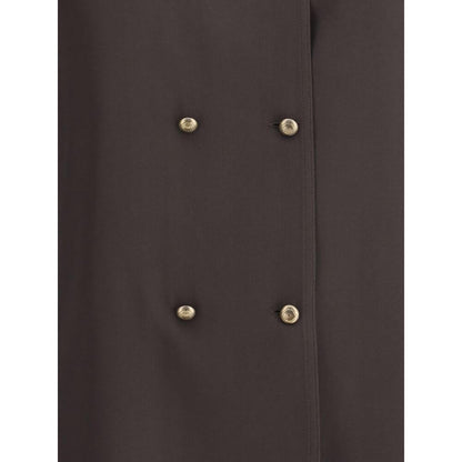 Close-up of Giorgio Armani Brown Silk Shirt with double-breasted closure and embossed buttons, highlighting elegant design elements.