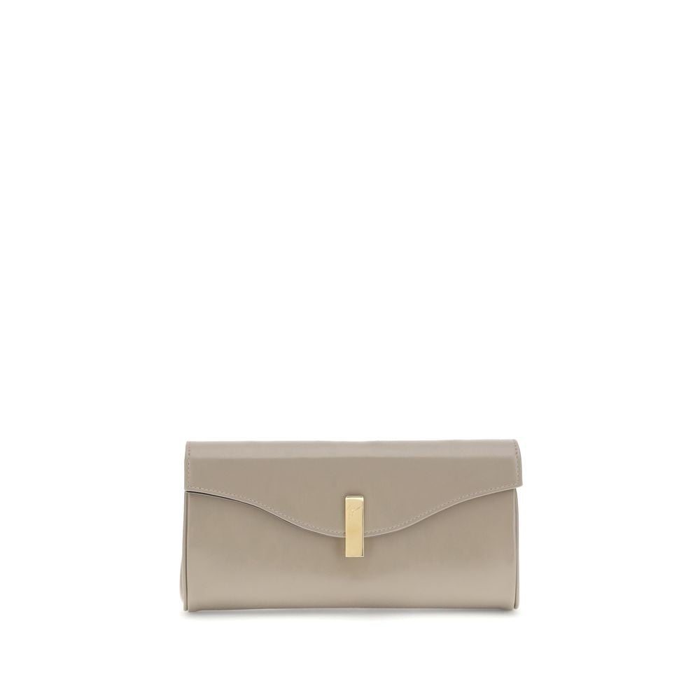 Giuseppe Zanotti Beige Leather Clutch Bag with gold-tone chain and logoed metal closure.