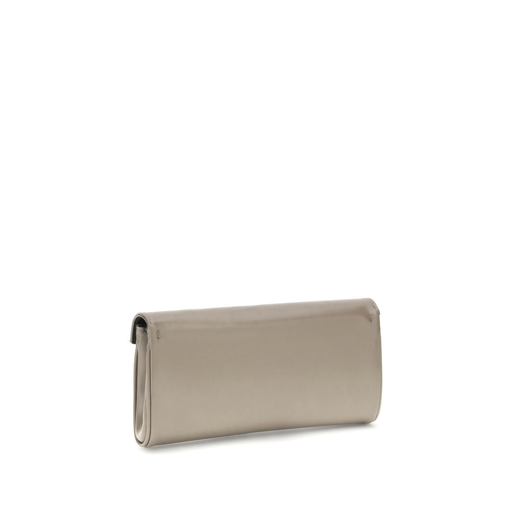Giuseppe Zanotti Beige Leather Clutch Bag with logoed closure and gold chain strap, offering elegance and practical interior features.
