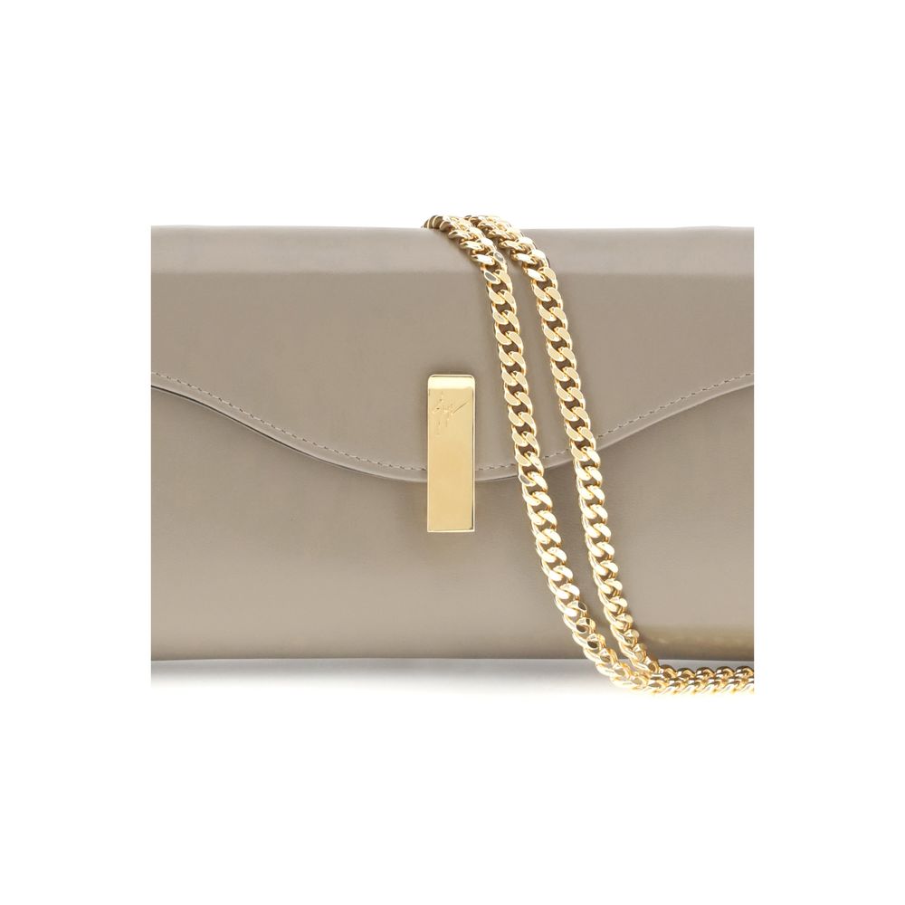 Giuseppe Zanotti Beige Leather Clutch Bag with gold-tone chain and logoed metal closure