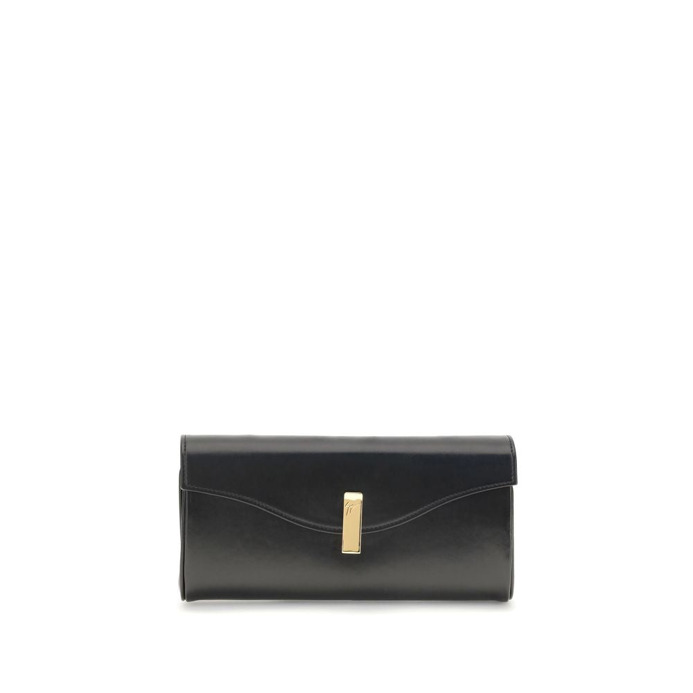 Giuseppe Zanotti Black Leather Clutch Bag with logoed metal closure and gold-tone chain strap, elegant and compact design.